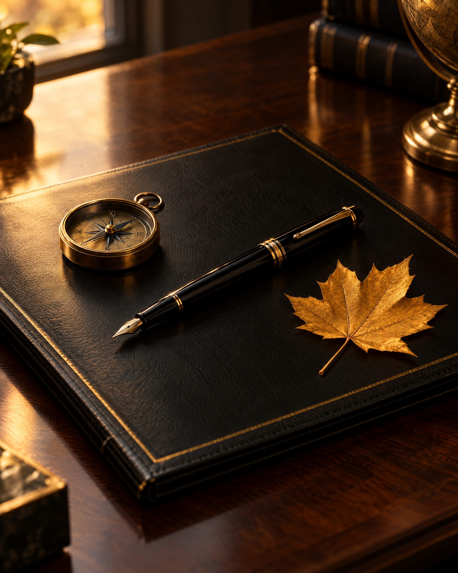 A black leather portfolio with gold embossing, a black and gold fountain pen, a brass compass and a single golden maple leaf on a walnut desk.